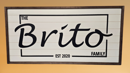 Decorative sign displaying 'The Britto Family' on a yellow wall.