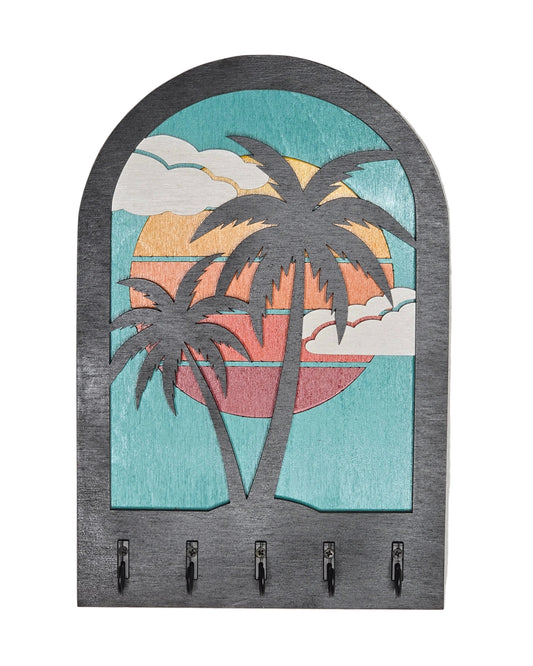 Decorative wooden wall art keyholder with palm tree and retro sun design