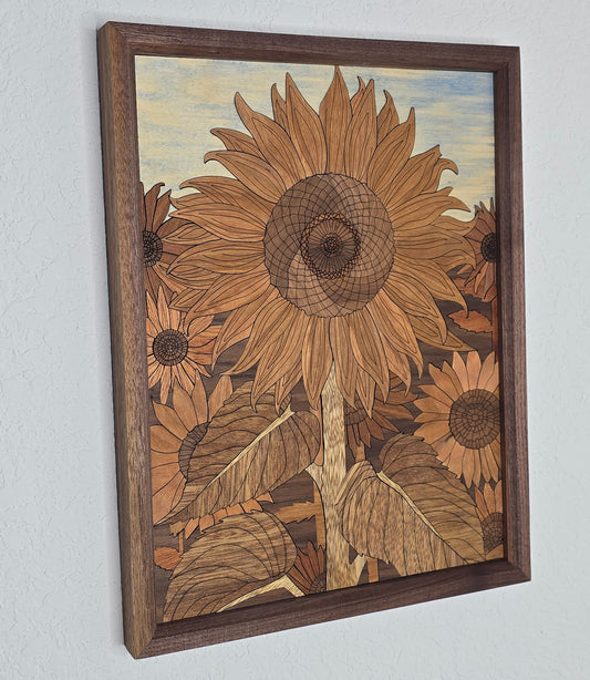 Wooden inlaid artwork of sunflowers on a light gray background