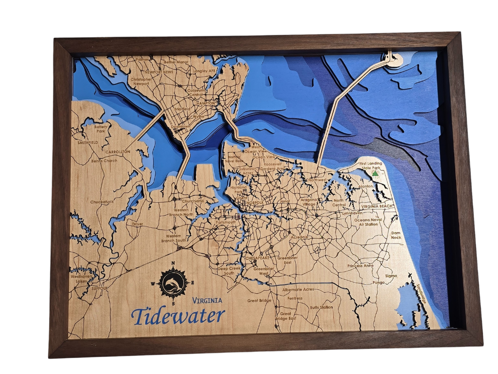 Wooden bathymetric map of Virginia Tidewater area with a brown frame