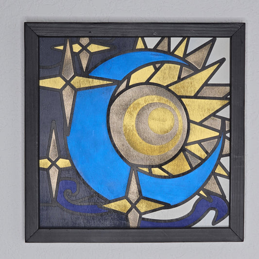 Square framed artwork of a Sun and moon celestial geometric design