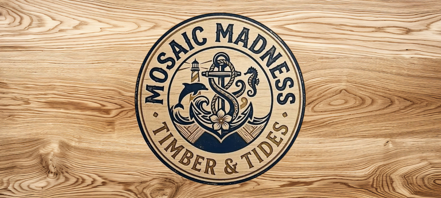 Official logo for Mosaic Madness: Timber & Tides, featuring a circular wood-grain design with a central anchor, lighthouse, dolphin, and seahorse icons.
