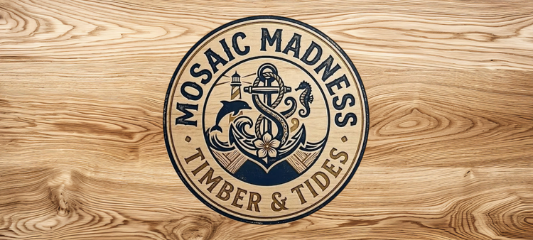 Official logo for Mosaic Madness: Timber & Tides, featuring a circular wood-grain design with a central anchor, lighthouse, dolphin, and seahorse icons.