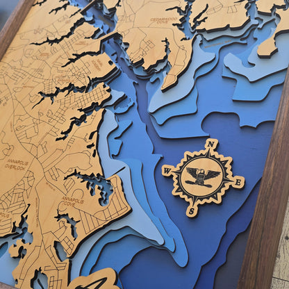 Bathymetric map with a compass rose and detailed topography