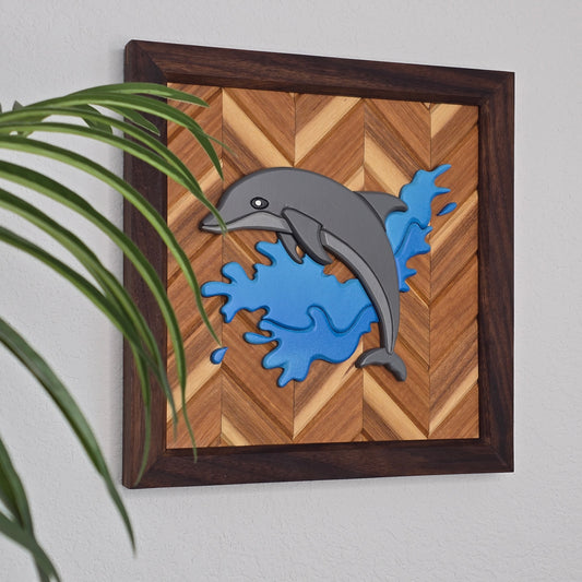 3D grey dolphin wall art jumping through a blue water splash on a natural wood chevron background with a dark brown frame.