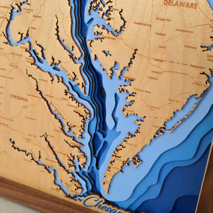 Up-close of the bathymetric water layers in the wooden map