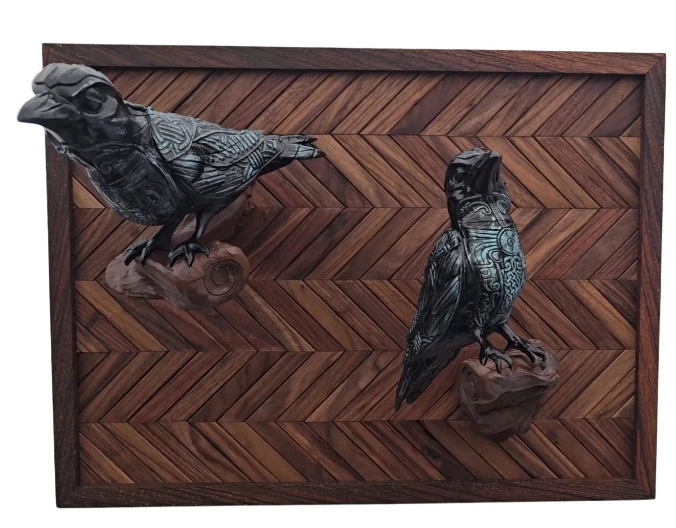Decorative wall art with Odin's Ravens 3d printed on a wooden zebrawood chevron-patterned background