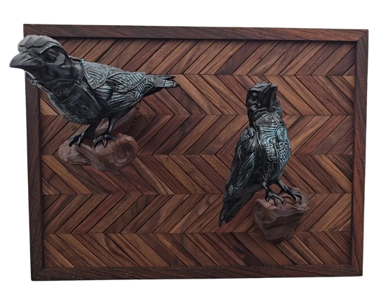 Decorative wall art with Odin's Ravens 3d printed on a wooden zebrawood chevron-patterned background