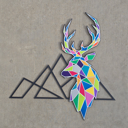 Geometric deer head and mountain outlines on concreate surface