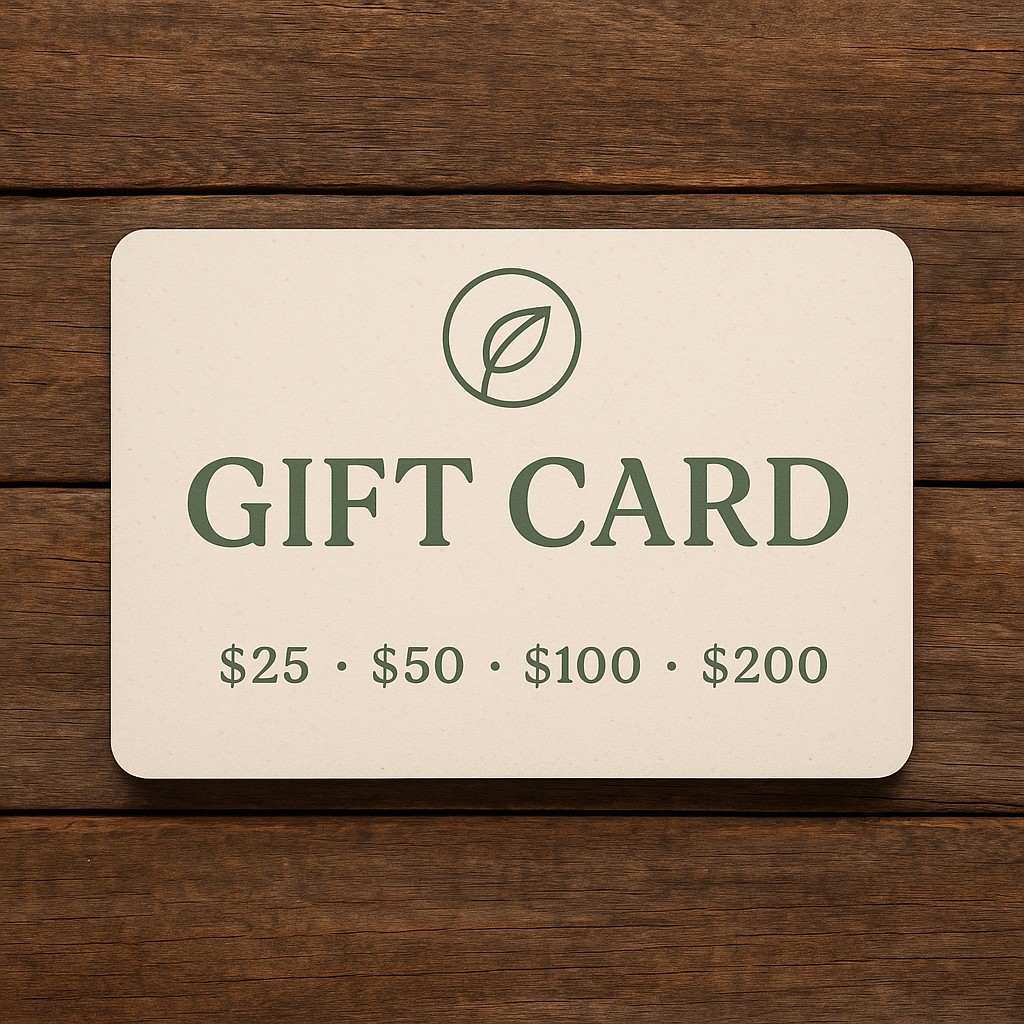Gift card with a leaf logo on a wooden surface