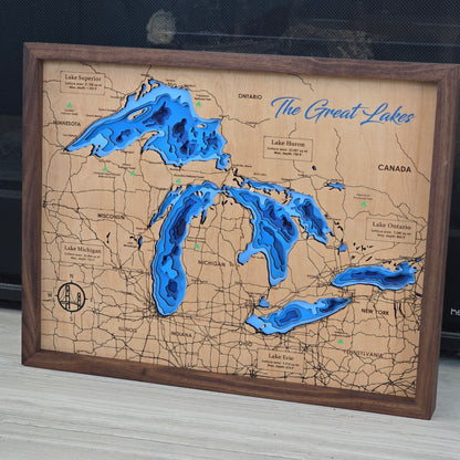 Map of The Great Lakes with wooden frame and blue water features