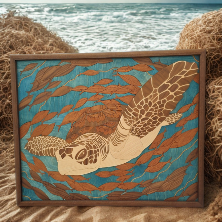 Wooden art piece with a turtle design on a textured surface with ocean view