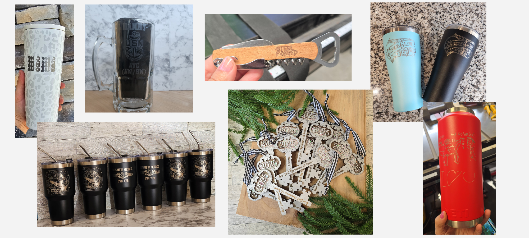 Collage of various tumblers, a bottle opener, and decorative items on a countertop.