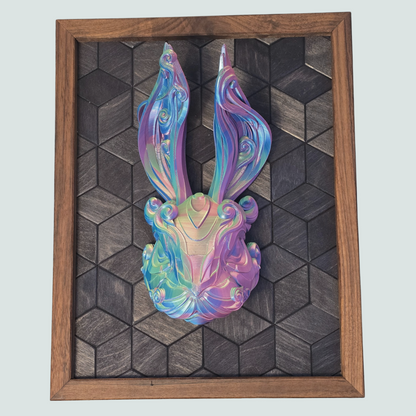 Colorful abstract 3D Printed sculpture of a rabbit head in a wooden frame on a geometric-patterned background