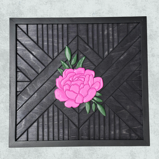 Decorative wood framed peony flower on back geometric mosaic background 