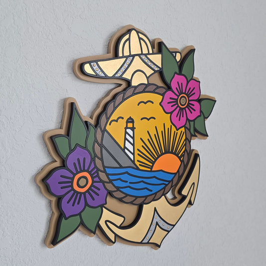 Handmade layered wood coastal wall art with lighthouse, sunrise, ocean waves, anchor and flowers