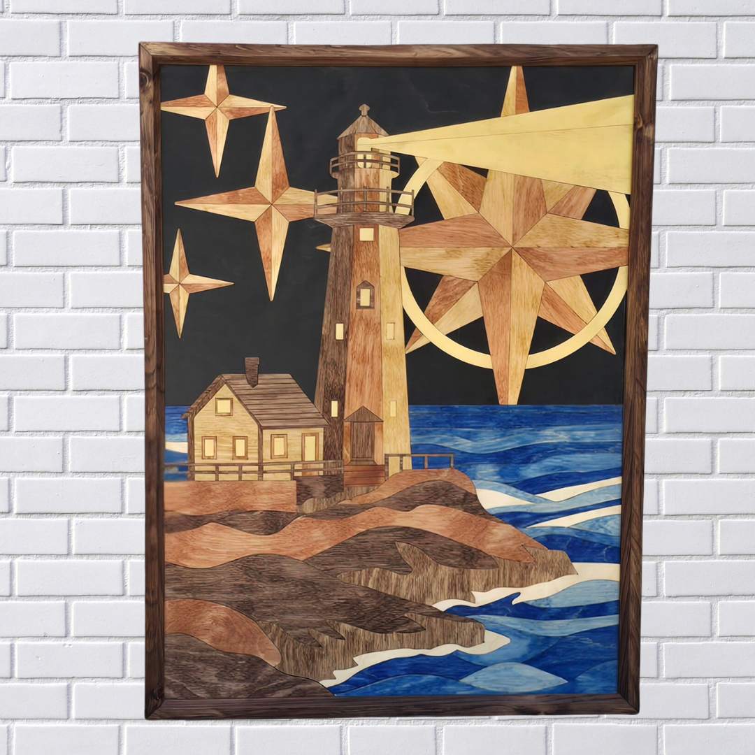 Wooden mosaic artwork of a lighthouse and stars on a white brick wall.