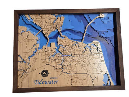 Wooden bathymetric map of Virginia Tidewater area with a brown frame 