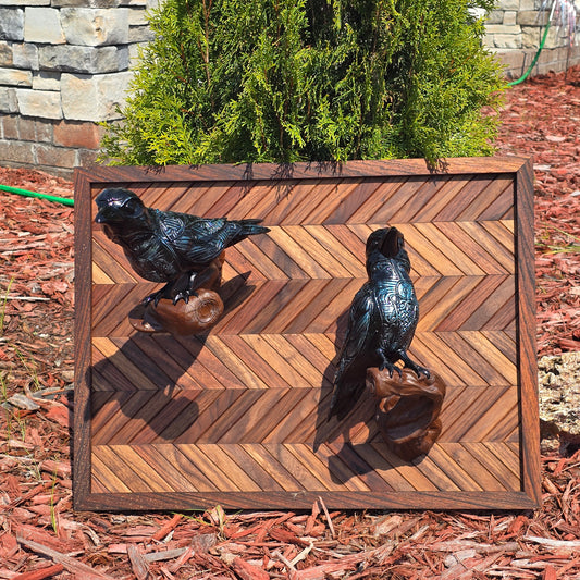 Decorative wall art with Odin's Ravens 3d printed on a wooden zebrawood chevron-patterned background