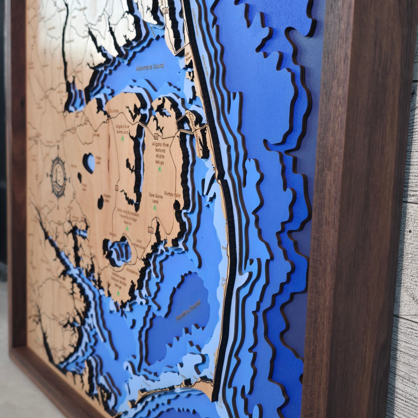 Bathymetric map with blue water and brown land features.