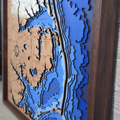 Bathymetric map with blue water and brown land features.