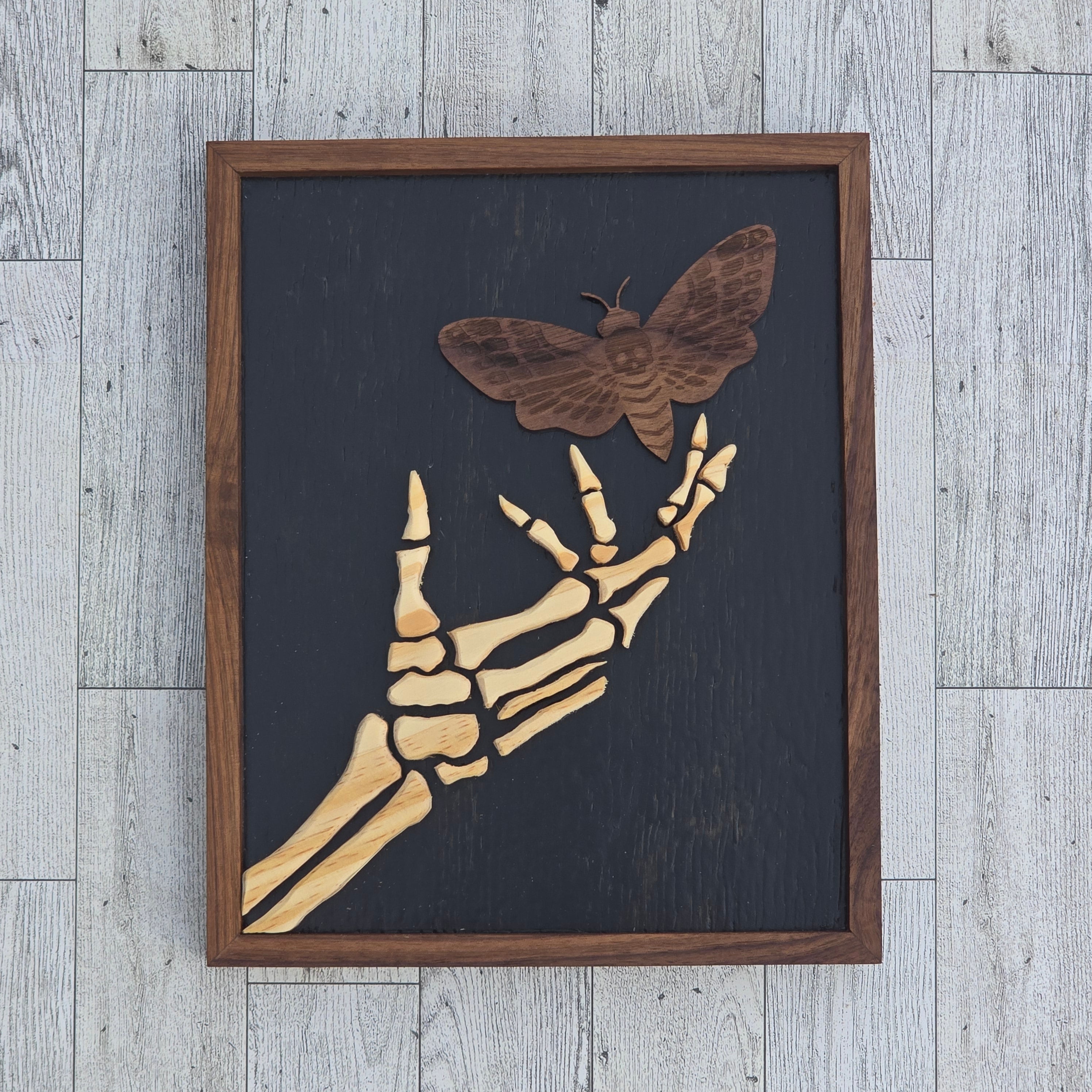 Moth Skelleton The Tender Bone Layered Wood Art | Handmade Skeleton Hand & Moth Wall ...