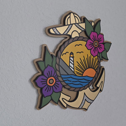 Strength and Sunrise handmade layered wood coastal wall art featuring a lighthouse, sunrise, ocean waves, anchor and flowers