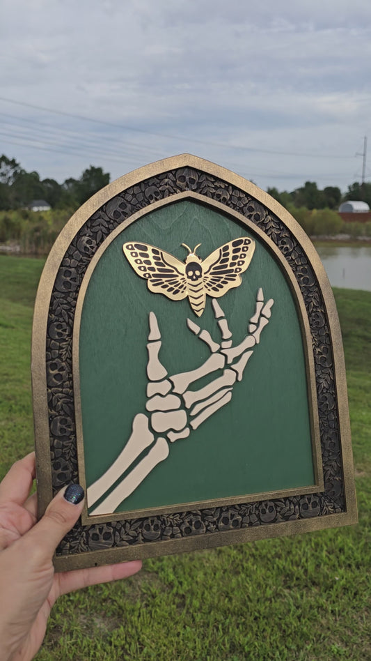 Memento Moth Gothic Wood Art | Skeleton Hand Death's-Head Moth Decor