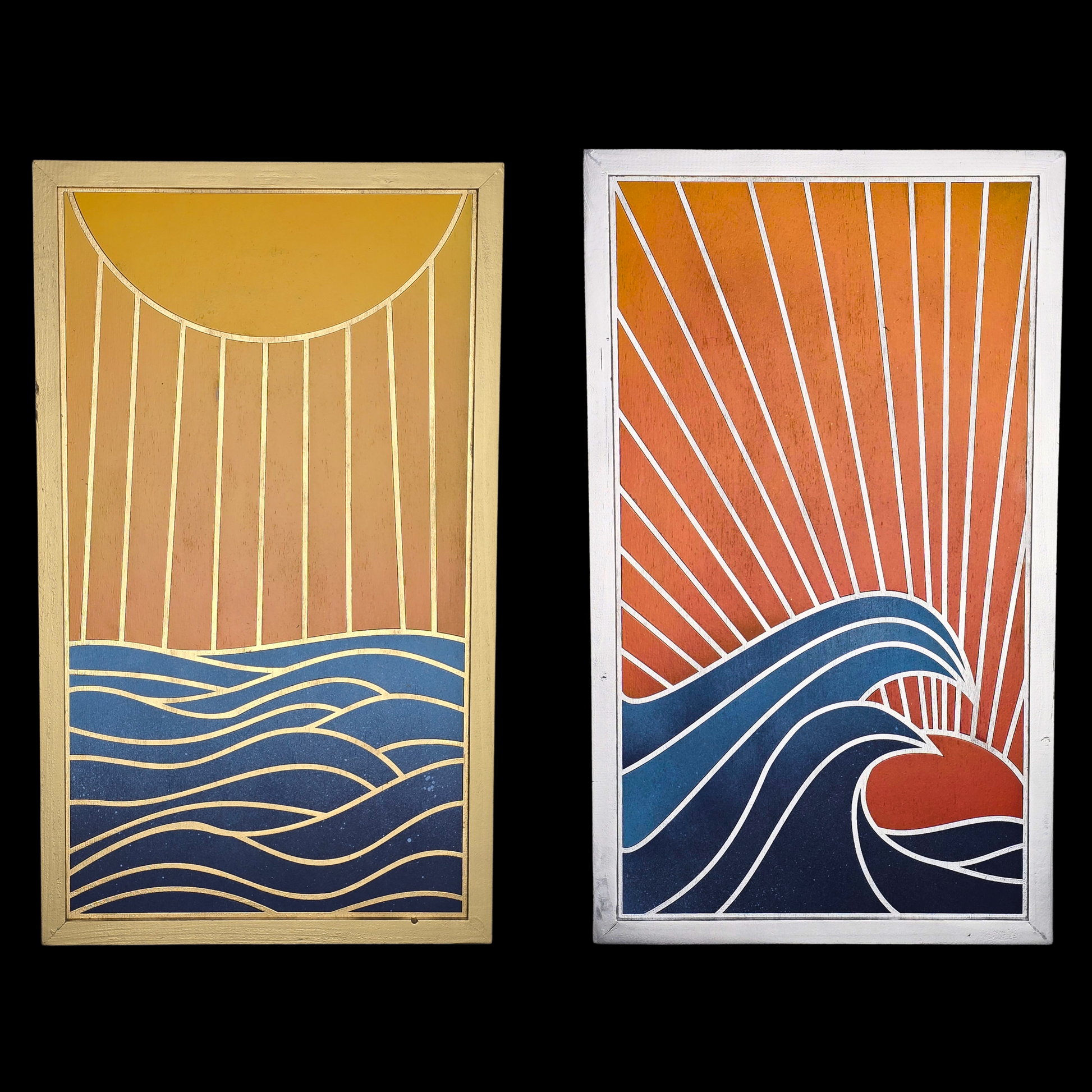 A two-panel vertical wood art set depicting a coastal horizon. The left panel, titled Ocean Sunrise, features a large yellow sun at the top casting long vertical rays over a deep blue sea with calm, gold-outlined horizontal waves, all set in a gold frame. The right panel, titled Ocean Sunset, shows a vibrant red-orange sun dipping below the horizon with dramatic, curling white-capped waves in the foreground and diagonal sun rays filling the orange sky, all set in a silver frame.